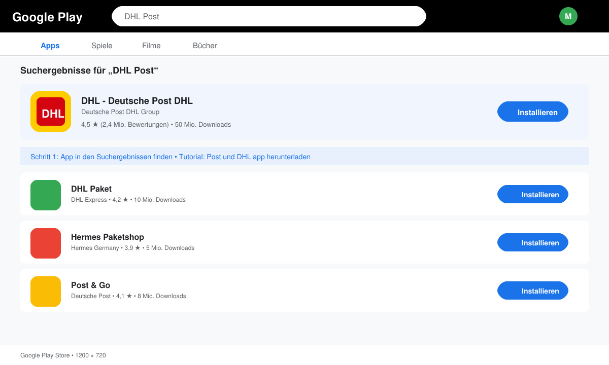 Suchergebnis im Google Play Store mit der offiziellen DHL App