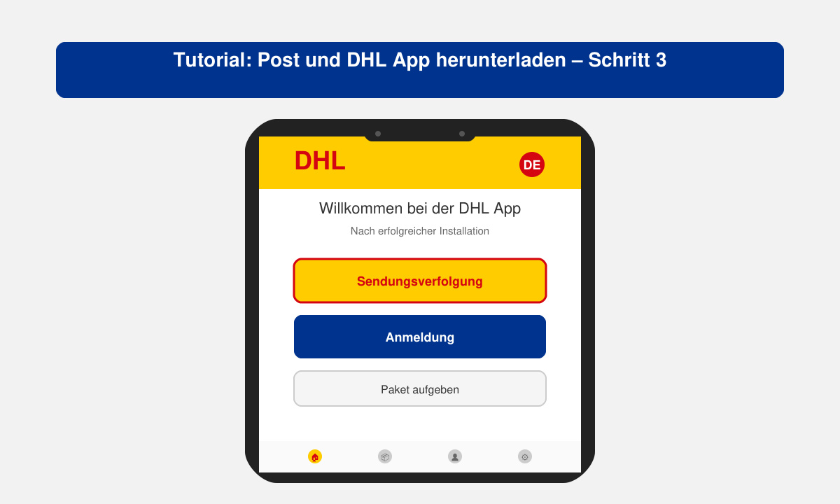 Startbildschirm der DHL App nach erfolgreicher Installation mit Tracking-Optionen