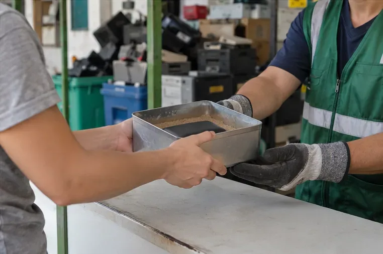 Pessoa entregando em um balcão de reciclagem um recipiente metálico com power bank estufado a um trabalhador usando luvas