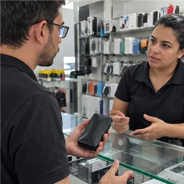 Cliente conversa com atendente de uma loja de eletrônicos enquanto segura um carregador portátil