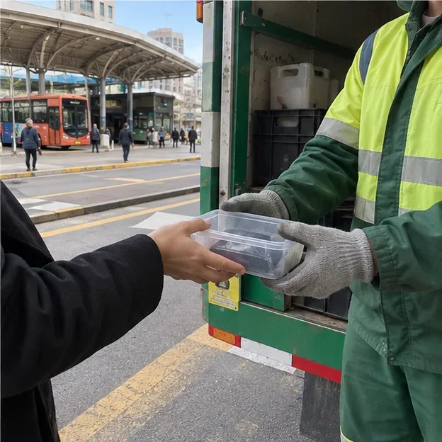 Pessoa entregando um recipiente com um power bank a um trabalhador usando luvas junto a um caminhão de coleta