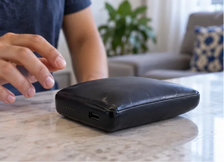 Power bank preto visivelmente estufado sobre uma mesa, com a carcaça elevada no centro e uma pessoa mantendo as mãos afastadas do aparelho