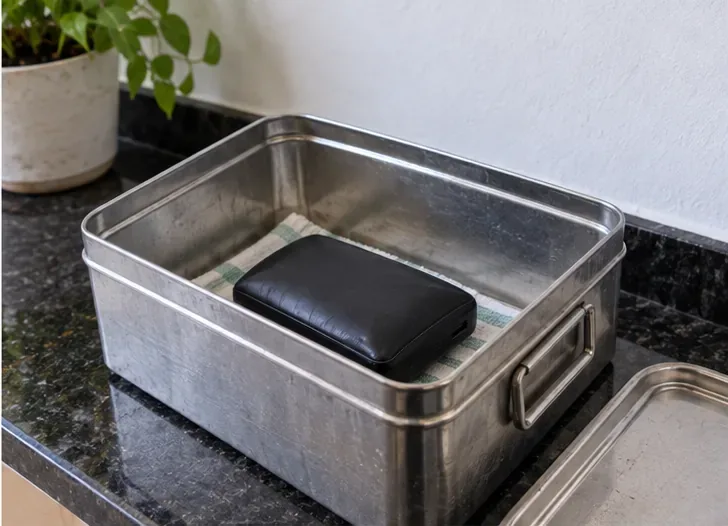 Power bank estufado colocado dentro de uma bandeja metálica aberta sobre uma bancada, separado de outros objetos