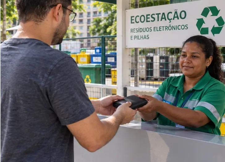 Morador entregando um power bank a uma funcionária em um balcão de ponto de coleta de resíduos eletrônicos e pilhas