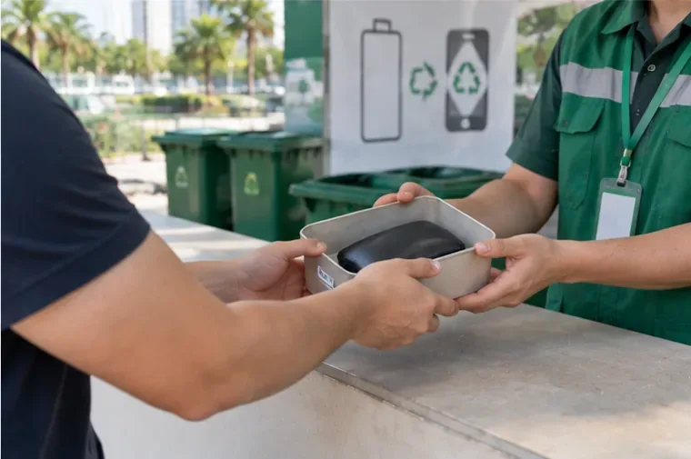 Pessoa entregando um power bank estufado em recipiente rígido a um atendente de ponto de recebimento de eletrônicos