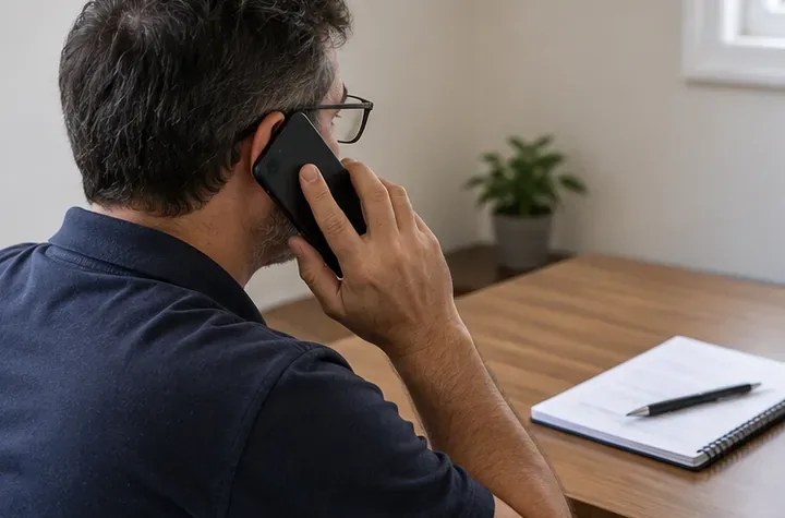 Homem de óculos ao telefone, sentado diante de uma mesa com caderno e caneta.