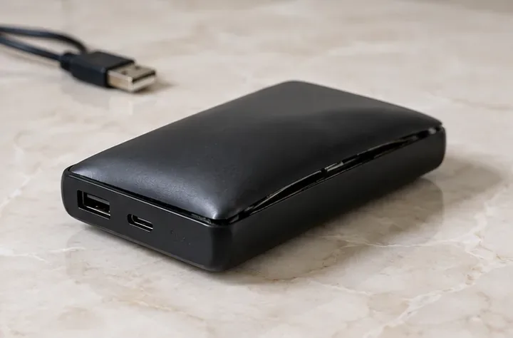 Power bank preto com tampa arqueada e emenda aberta, sobre superfície clara, com cabo USB desconectado ao fundo.