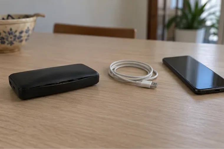 Power bank scollegata accanto a un cavo e a un telefono, senza essere collegata o in carica