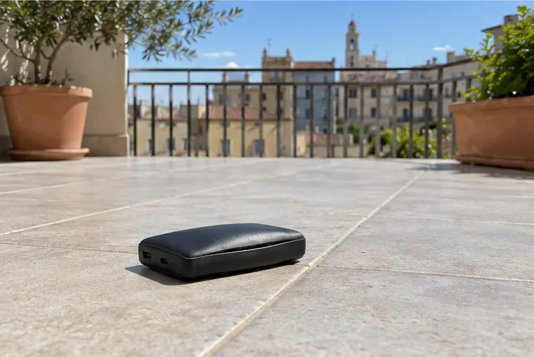 Power bank deformata appoggiata su una superficie piastrellata all’aperto, lontano da oggetti e materiali combustibili