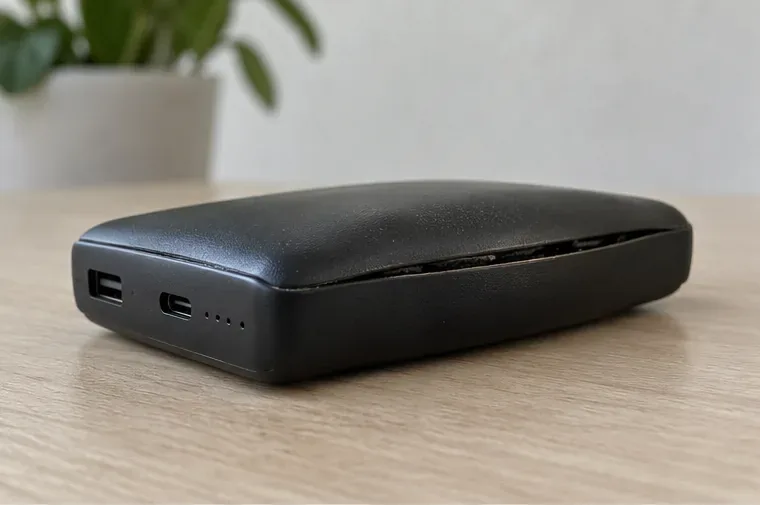 Primo piano di una power bank nera con il bordo del guscio sollevato e una deformazione visibile