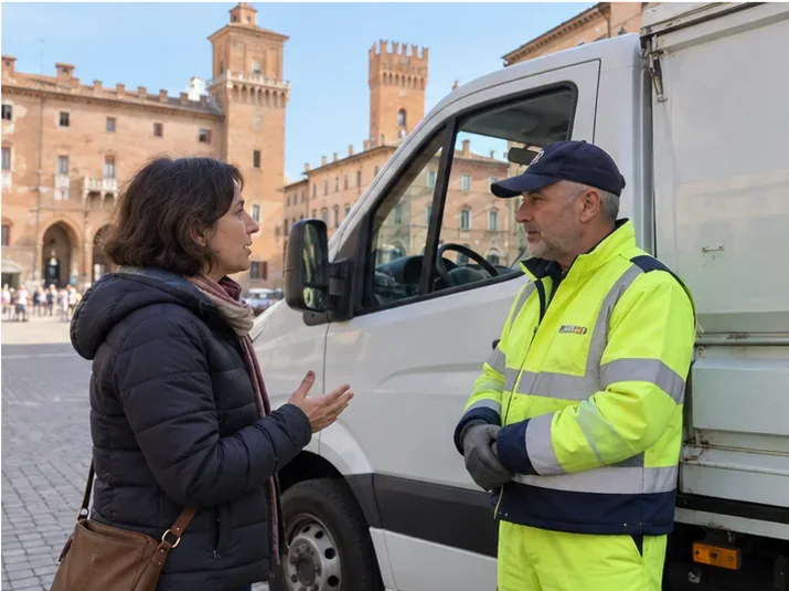 Una residente parla con un addetto a un mezzo comunale di raccolta mobile senza consegnare la batteria