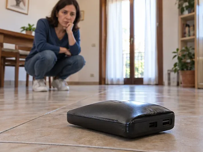 Una power bank con la custodia incurvata appoggiata su una superficie libera, osservata senza essere toccata