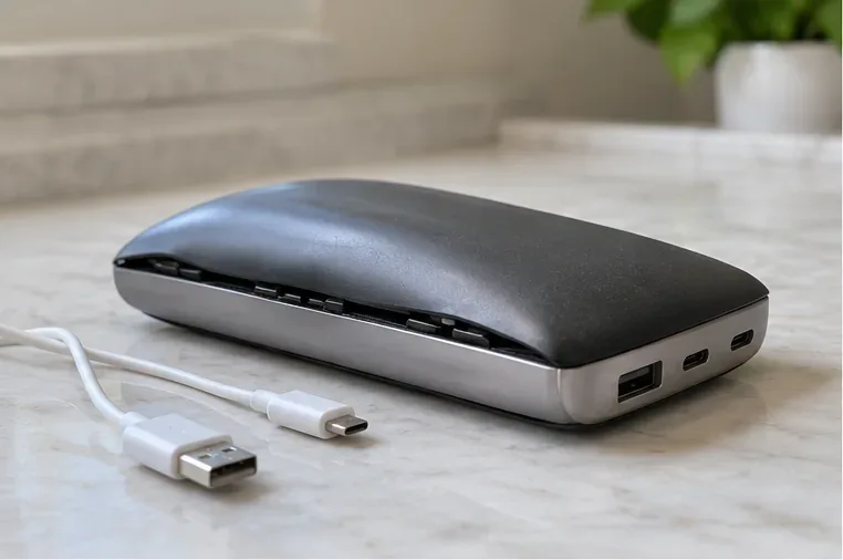 Power bank visibilmente gonfia appoggiata su un piano, scollegata dai cavi di ricarica