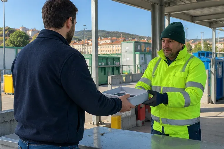 Cittadino che consegna un contenitore con una power bank a un operatore in un centro di raccolta presidiato