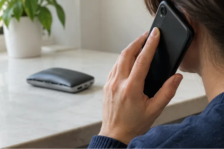 Persona al telefono mentre una power bank gonfia resta appoggiata e inutilizzata su un piano