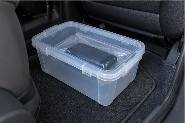 Power bank gonfia separata in un sacchetto e collocata in un contenitore stabile nel vano di un'automobile