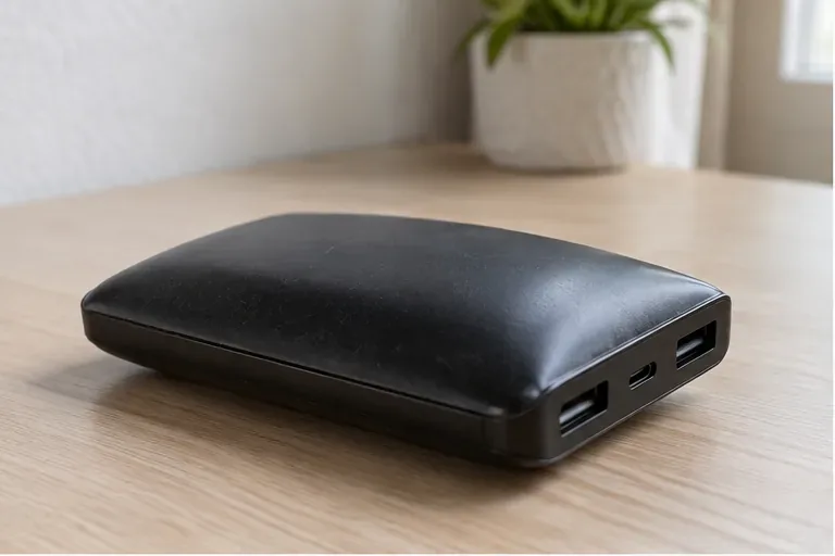Power bank nera visibilmente gonfia appoggiata su un tavolo, con il guscio deformato nella parte superiore