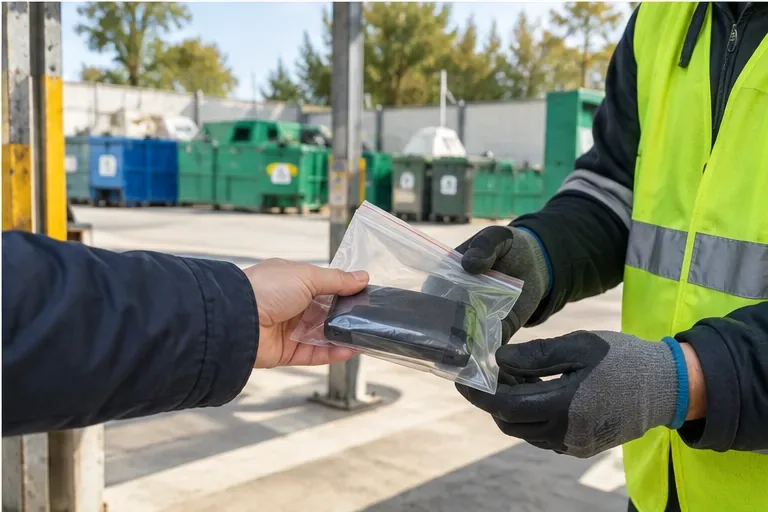 Cittadino che consegna a un addetto di un centro di raccolta una power bank separata in un sacchetto trasparente
