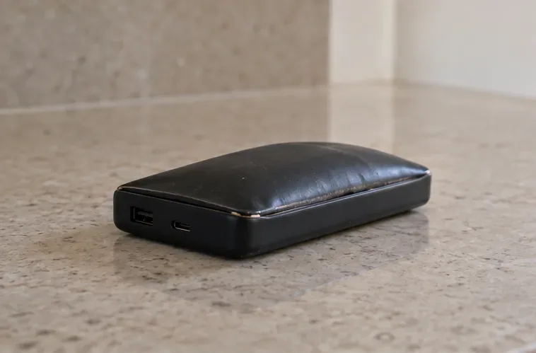 Primo piano di una power bank con involucro rigonfio lasciata ferma su un piano libero