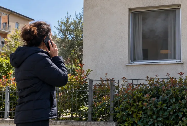 Una persona chiama i soccorsi da fuori casa mentre del fumo è visibile dietro una finestra