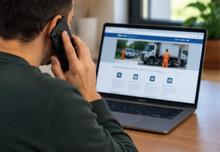 Persona al telefono davanti a un computer mentre consulta una pagina informativa di un servizio di raccolta rifiuti