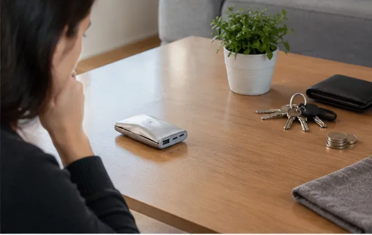 Persona che osserva una power bank gonfia appoggiata su un tavolo, separata da chiavi, monete e altri oggetti