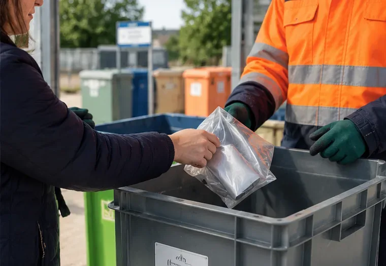 Persona che consegna una power bank isolata in un involucro trasparente a un addetto con indumenti ad alta visibilità presso un punto di raccolta