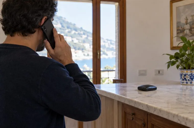 Una persona telefona al servizio rifiuti mentre la power bank gonfia resta distante e indisturbata sul piano