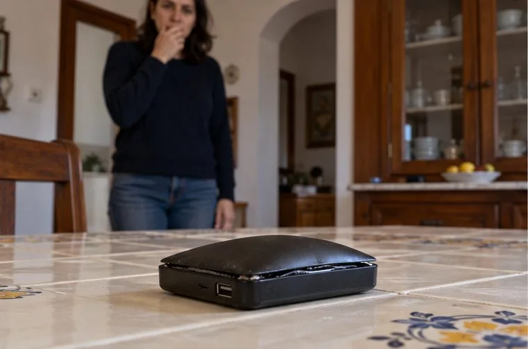 Una persona osserva senza toccarla una power bank nera con la scocca sollevata su un tavolo