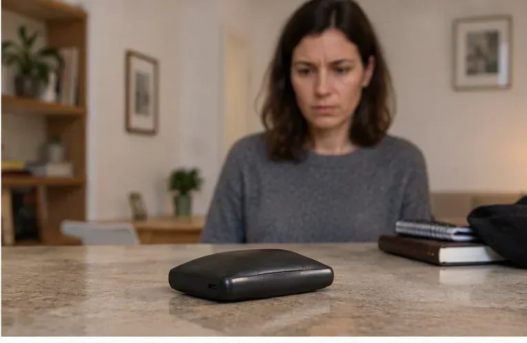 Persona che osserva con cautela una power bank gonfia appoggiata su un piano, senza toccarla né collegarla a cavi