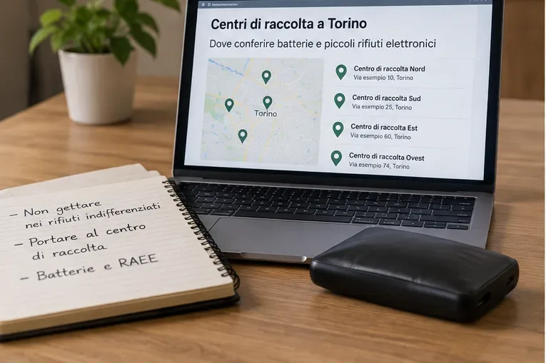 Computer con una ricerca dei Centri di Raccolta di Torino e un quaderno che ricorda di non buttare la power bank nell’indifferenziato