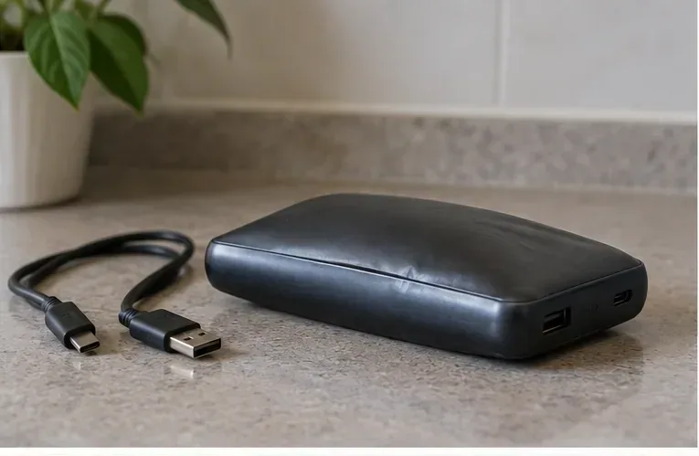 Power bank nera visibilmente gonfia appoggiata su una superficie rigida, con il cavo scollegato accanto