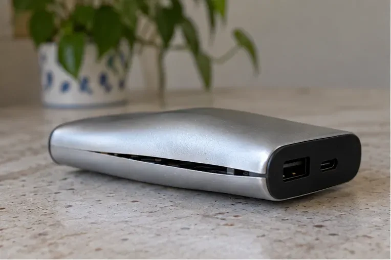 Power bank argentata con scocca rigonfia e una fessura visibile lungo il bordo