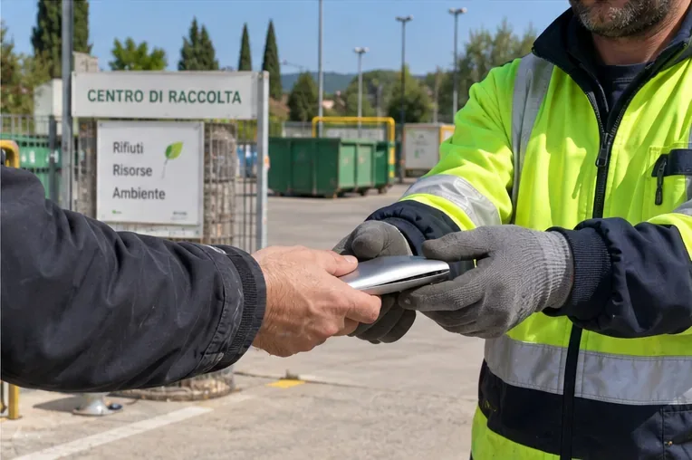Consegna di una power bank rigonfia a un addetto davanti a un centro di raccolta