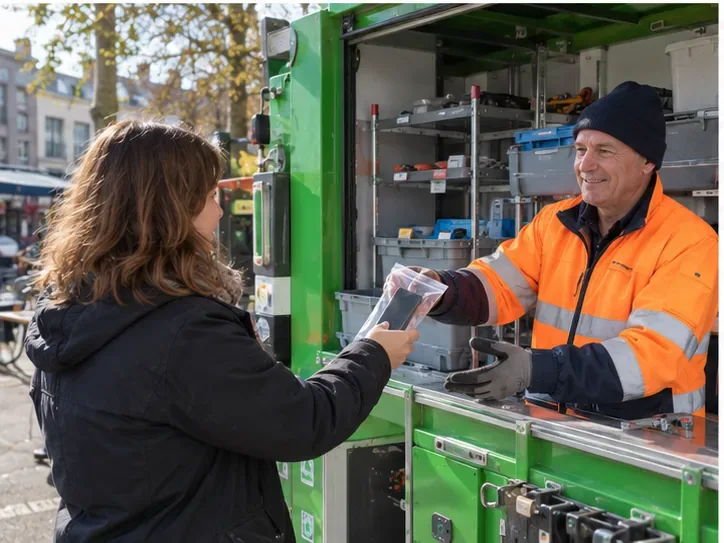 Een inwoner geeft een verpakte powerbank aan een medewerker bij een mobiele inzamelwagen voor kleine afvalstromen.
