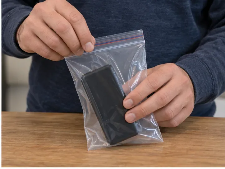 Een zwarte powerbank wordt afzonderlijk in een doorzichtige hersluitbare zak gedaan voordat hij naar een bemand inzamelpunt gaat.