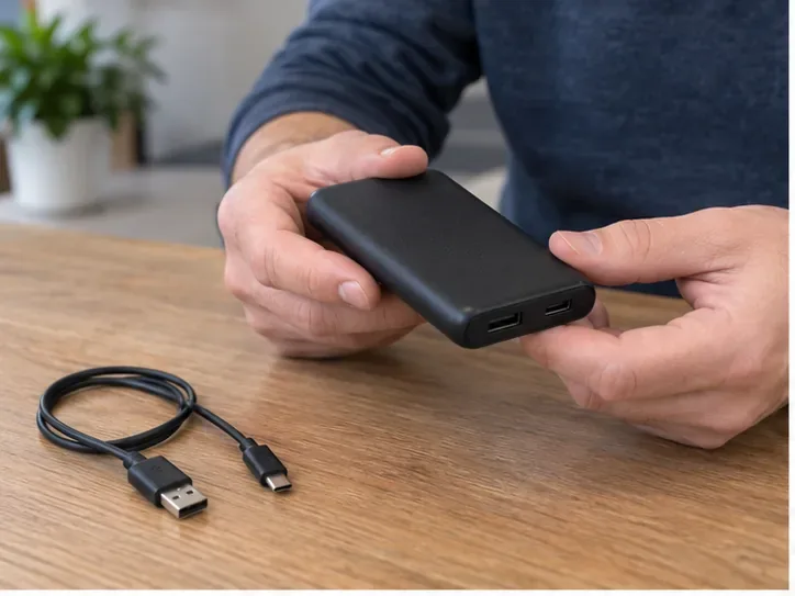 Een persoon bekijkt een zwarte powerbank en de laadkabel op een houten tafel om te bepalen of het apparaat nog bruikbaar is.
