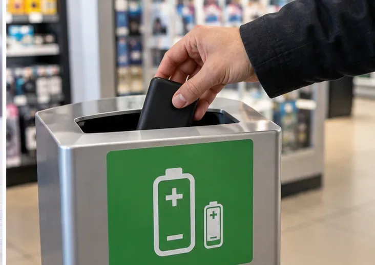 Een hand die een compacte zwarte powerbank in een inzamelbak met een batterijsymbool plaatst in een winkel