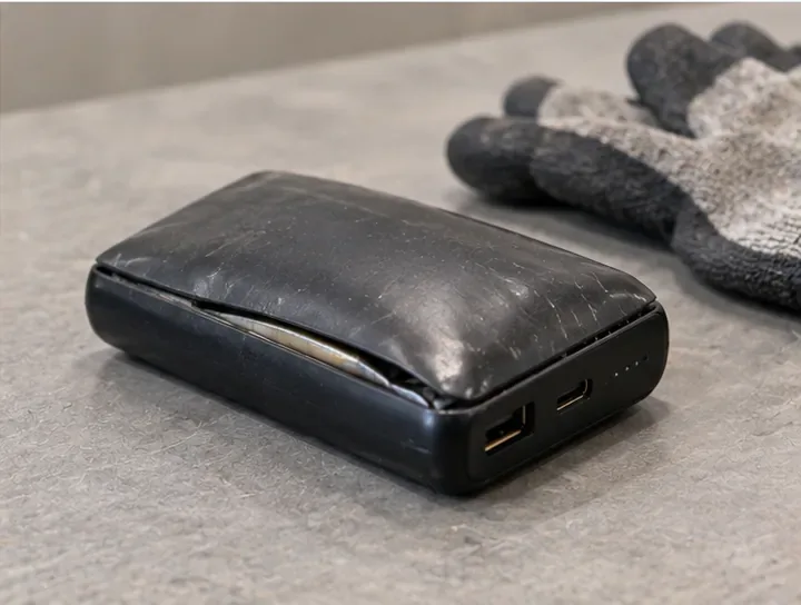 Een duidelijk opgezwollen zwarte powerbank op een werkblad, met beschermende handschoenen op de achtergrond