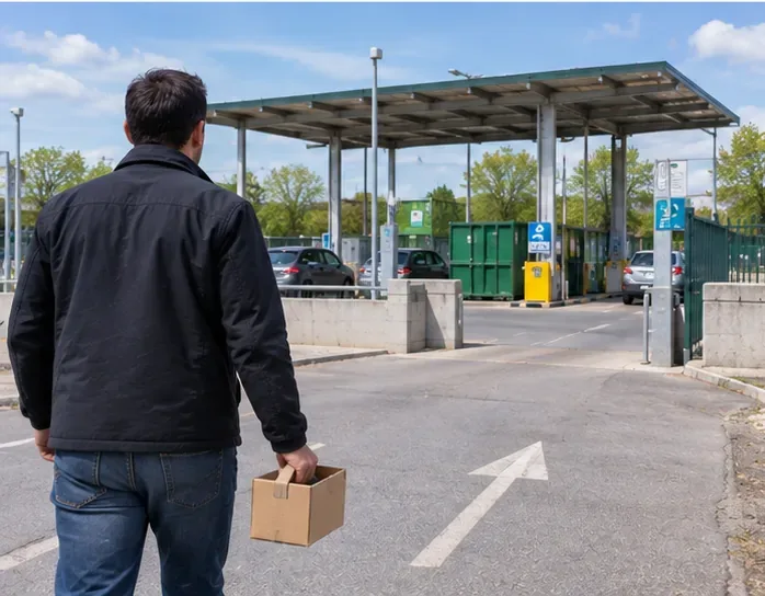 Een bezoeker met een klein doosje loopt richting een milieustation met containers en inrijstroken