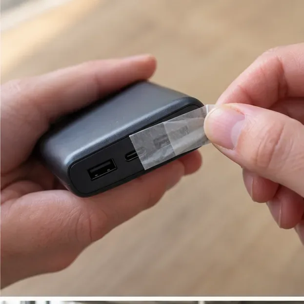 Handen die de aansluitingen van een zwarte powerbank met een stukje tape afschermen