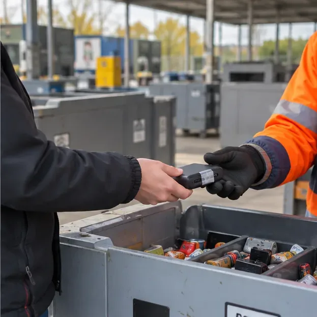 Een bezoeker overhandigt een zwarte powerbank aan een medewerker bij een afval- en recyclingdepot