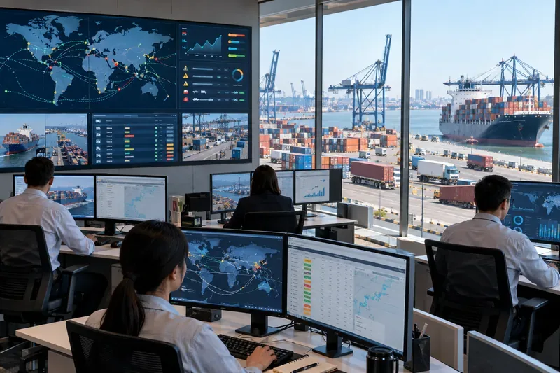 A modern port logistics control room with analysts monitoring global route maps, shipment dashboards, container terminals, trucks, cranes, and a cargo ship through large windows.