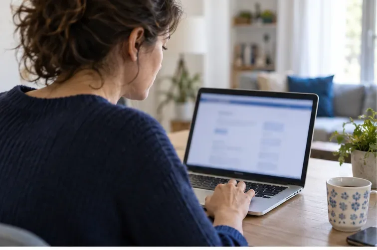 Une personne consulte un espace de prestations en ligne sur un ordinateur portable dont l’écran est flouté