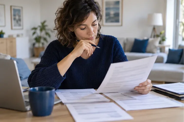 Une personne examine des documents et des bulletins de salaire floutés sur un bureau