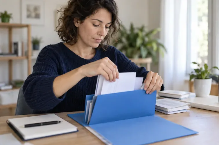 Une personne range des justificatifs dans une chemise bleue posée sur un bureau