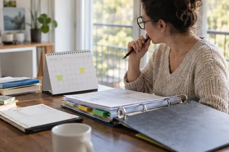 Une indépendante consulte un calendrier trimestriel et un classeur de documents financiers sur son bureau