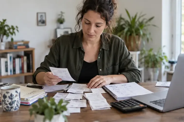 Une travailleuse indépendante examine des justificatifs, un carnet et une calculatrice à son bureau