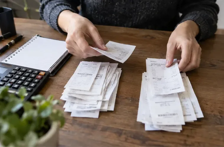 Des justificatifs sont répartis en deux piles sur une table à côté d’une calculatrice