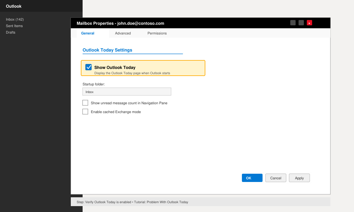 Close-up of the Outlook Today checkbox inside mailbox properties